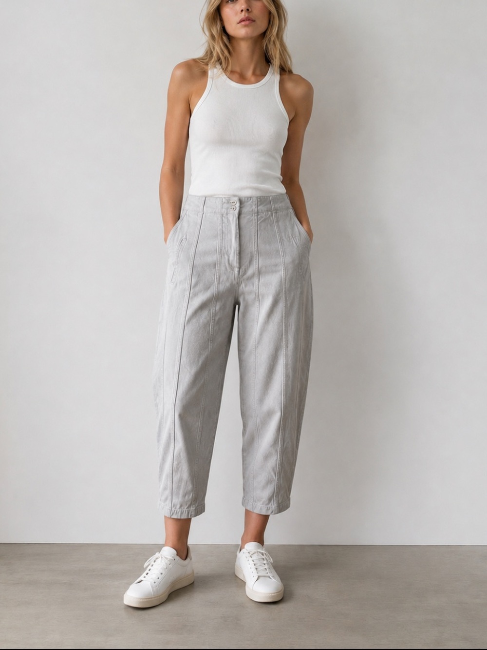 Zara Light Gray Barrel Leg Jeans High Rise Cropped Denim Pants US 6